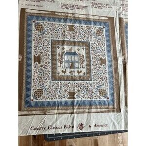 Ameritex Cotton Fabric Pillow Panel Country Classics Brown Blue Set of 2 Flawed